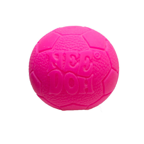 Bright pink NeeDoh Hot Shots squishy stress ball with soccer ball texture and embossed logo on white background.