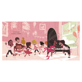 Children's book illustration of diverse kids dancing and playing piano in a pink room. Text: And bows on fancy clothes.