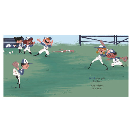 Children's book illustration of diverse boys and girls playing baseball in blue uniforms on a grassy field.