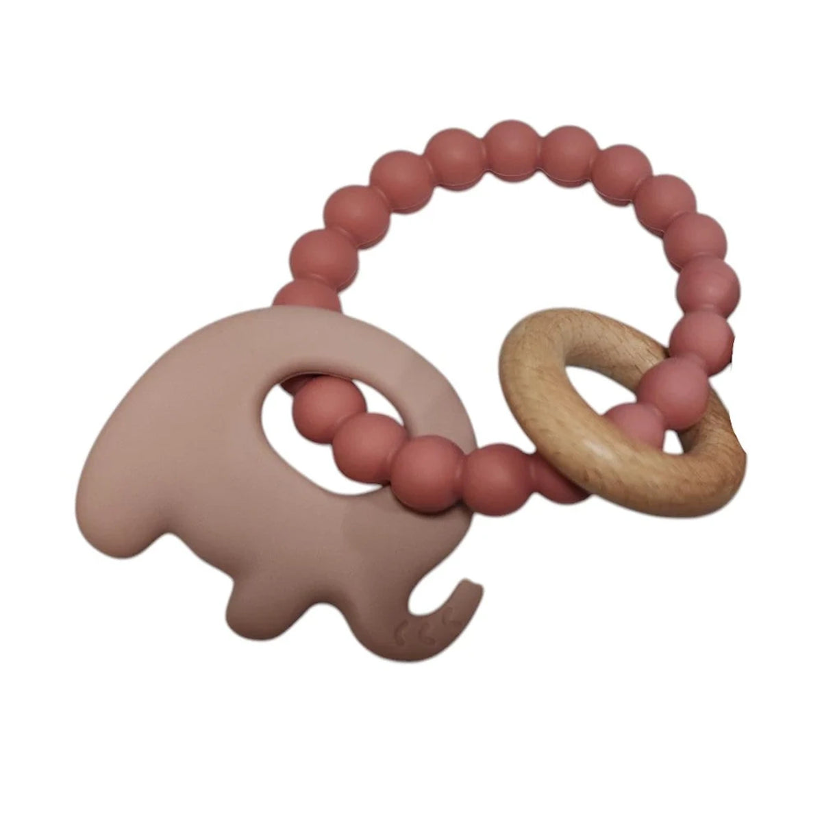 Mauve silicone and wooden baby elephant teether beads shown at an angle.