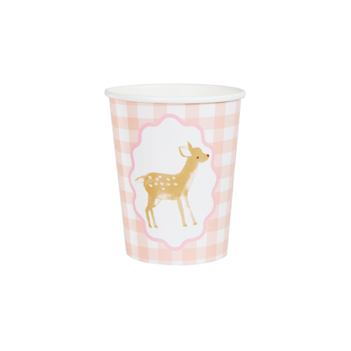 A pink gingham paper cup featuring a central frame with an illustration of a spotted deer.