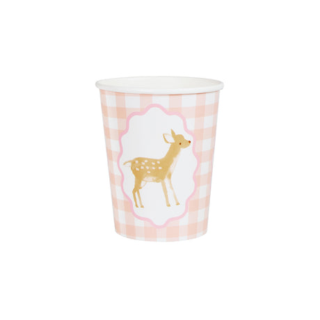 A pink gingham paper cup featuring a central frame with an illustration of a spotted deer.