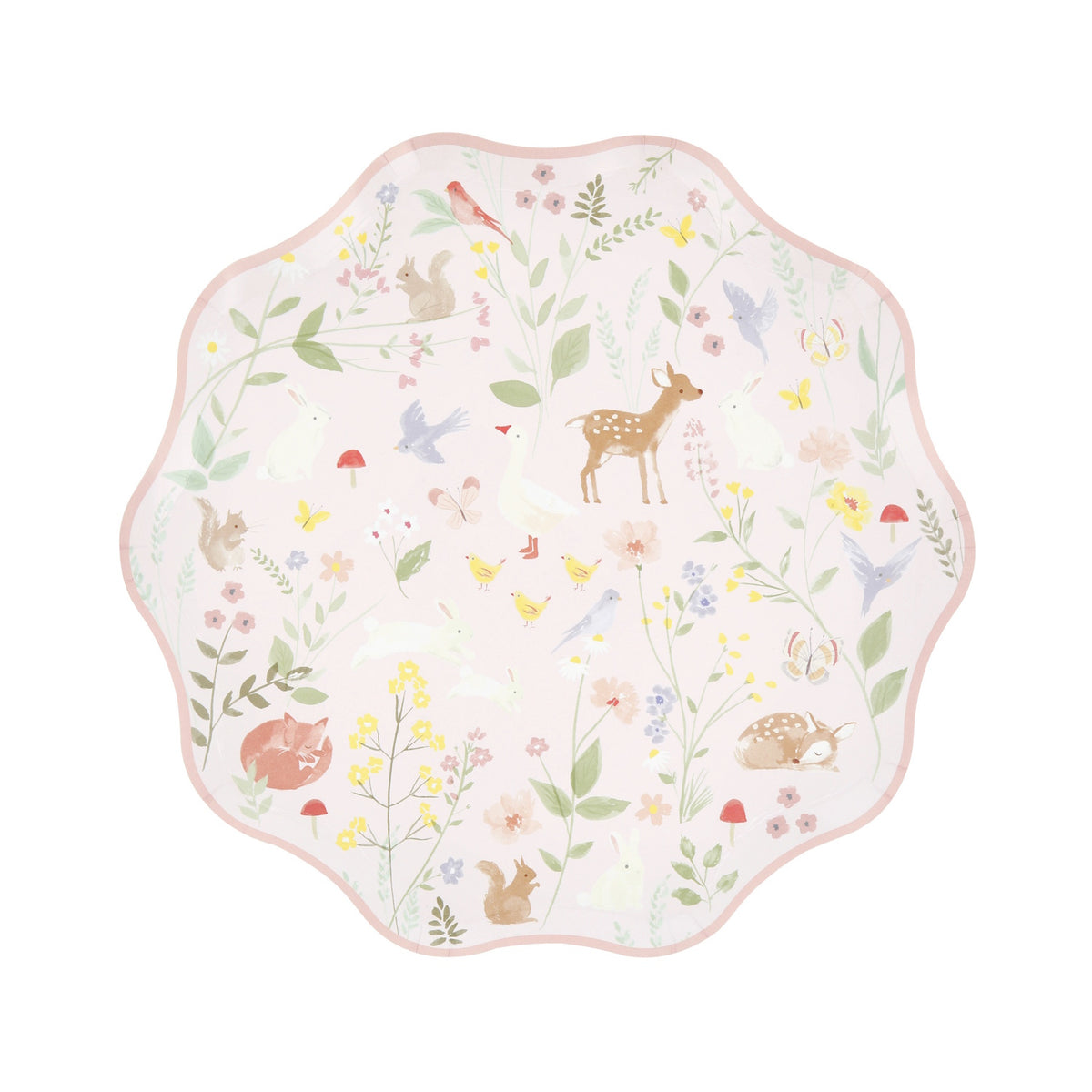 Scalloped paper plate with a pastel woodland animal and floral pattern.