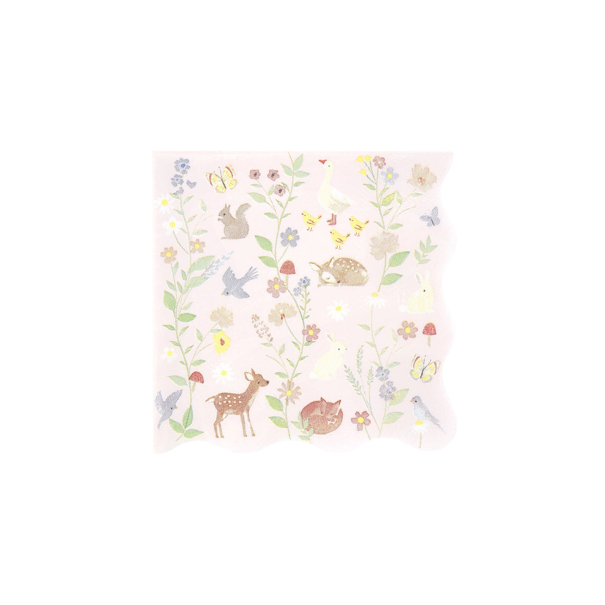 Light pink square paper napkin with illustrations of woodland animals, birds, and flowers.