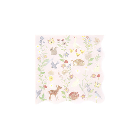 Light pink square paper napkin with illustrations of woodland animals, birds, and flowers.