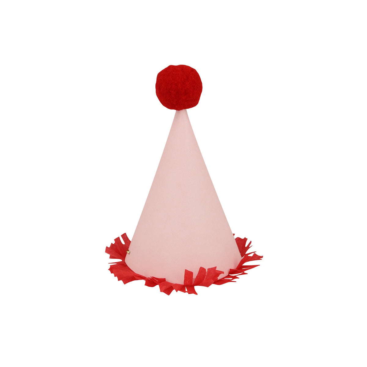 Pink mini party hat with red pompom and fringe.