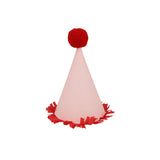 Pink mini party hat with red pompom and fringe.