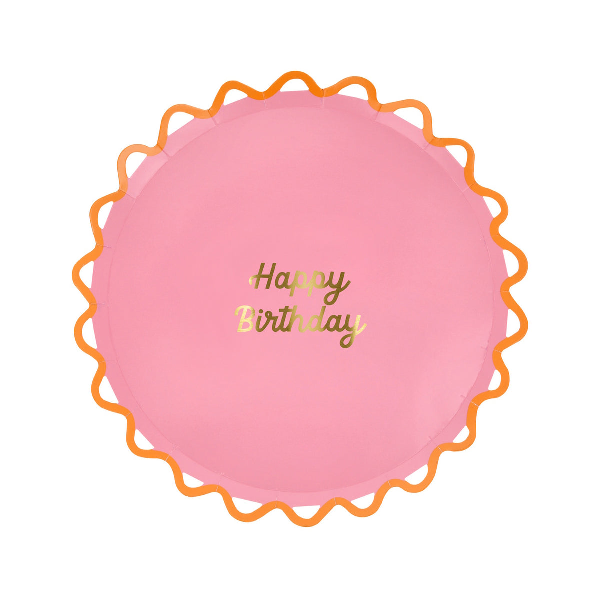 Pink Meri Meri wiggle edge side plate with gold "Happy Birthday" text. Simple, festive paper plate for birthday parties.