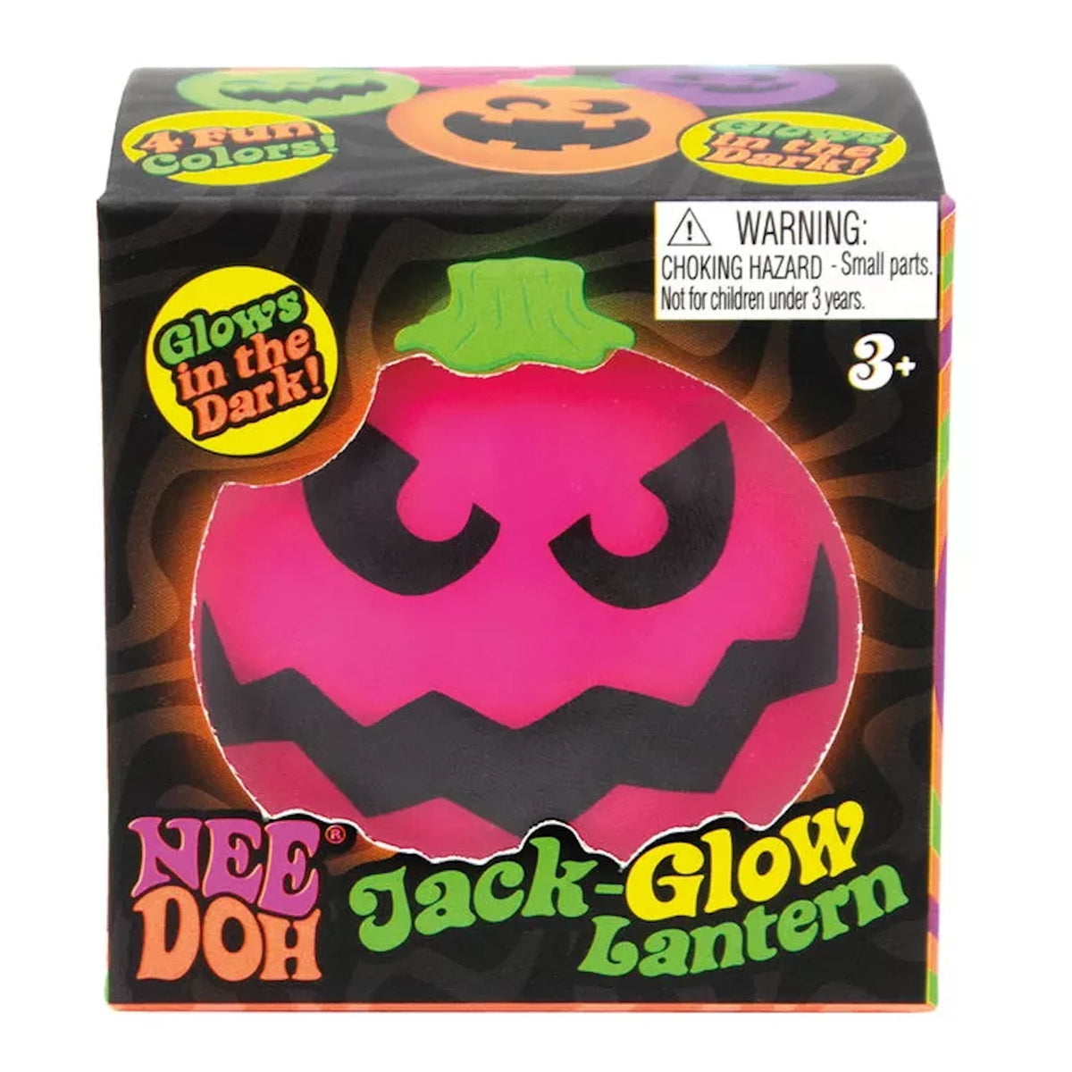 Packaging for NeeDoh Jack-Glow Lantern, showing a pink glow-in-the-dark pumpkin stress ball with a spooky face.