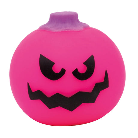 Pink NeeDoh Jack-Glow Lantern pumpkin fidget toy with a purple stem and black jack-o'-lantern face on a white background.