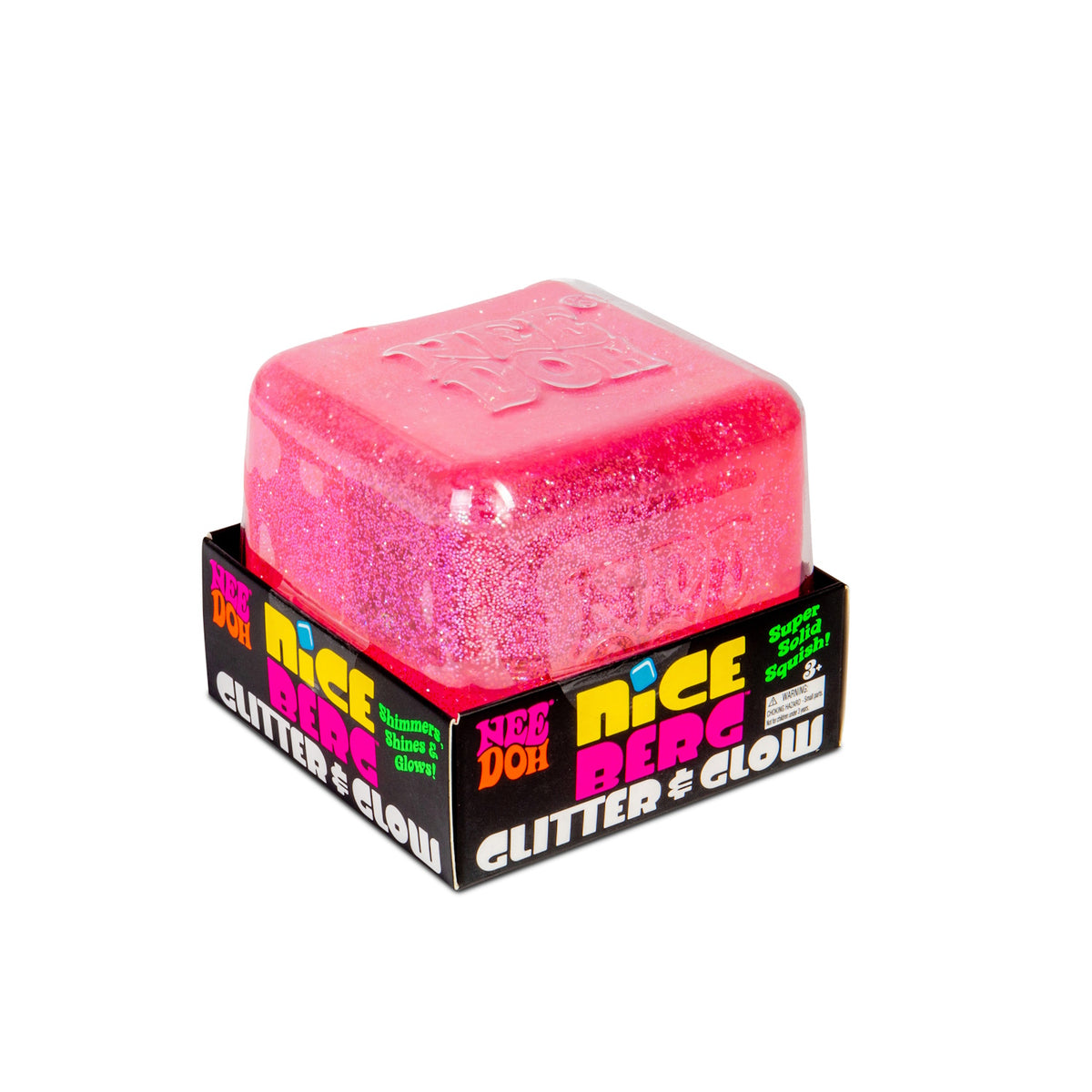 Pink glittery NeeDoh Niceberg glow-in-the-dark squishy fidget toy in its original black and neon packaging.