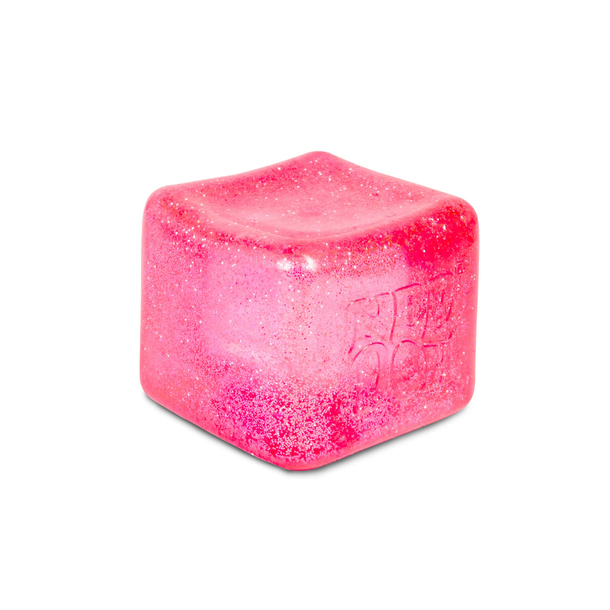 Pink NeeDoh Niceberg Glitter Glow squishy stress toy in a translucent neon pink cube shape with sparkly glitter.