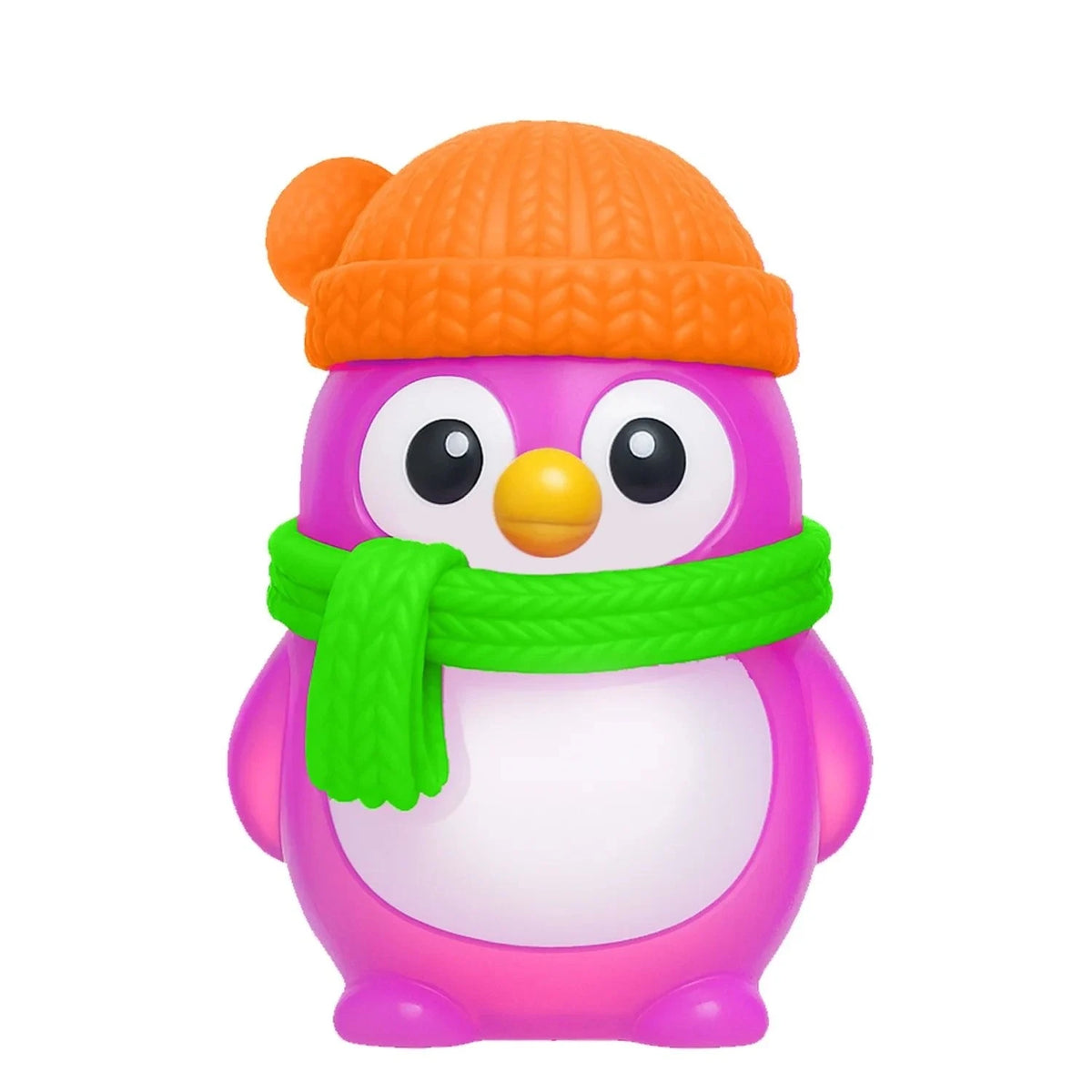 Pink NeeDoh Polar Glow Penguin fidget toy in purple with orange knit hat and green scarf on white background.