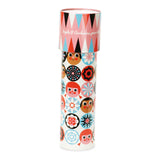 Pink and white metal rosette kaleidoscope toy with colorful patterns shown standing in a front view.