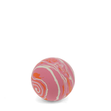 A vibrant pink, orange, and white swirled bouncy ball centered against a white background.