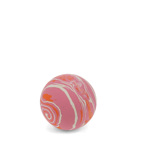 A vibrant pink, orange, and white swirled bouncy ball centered against a white background.
