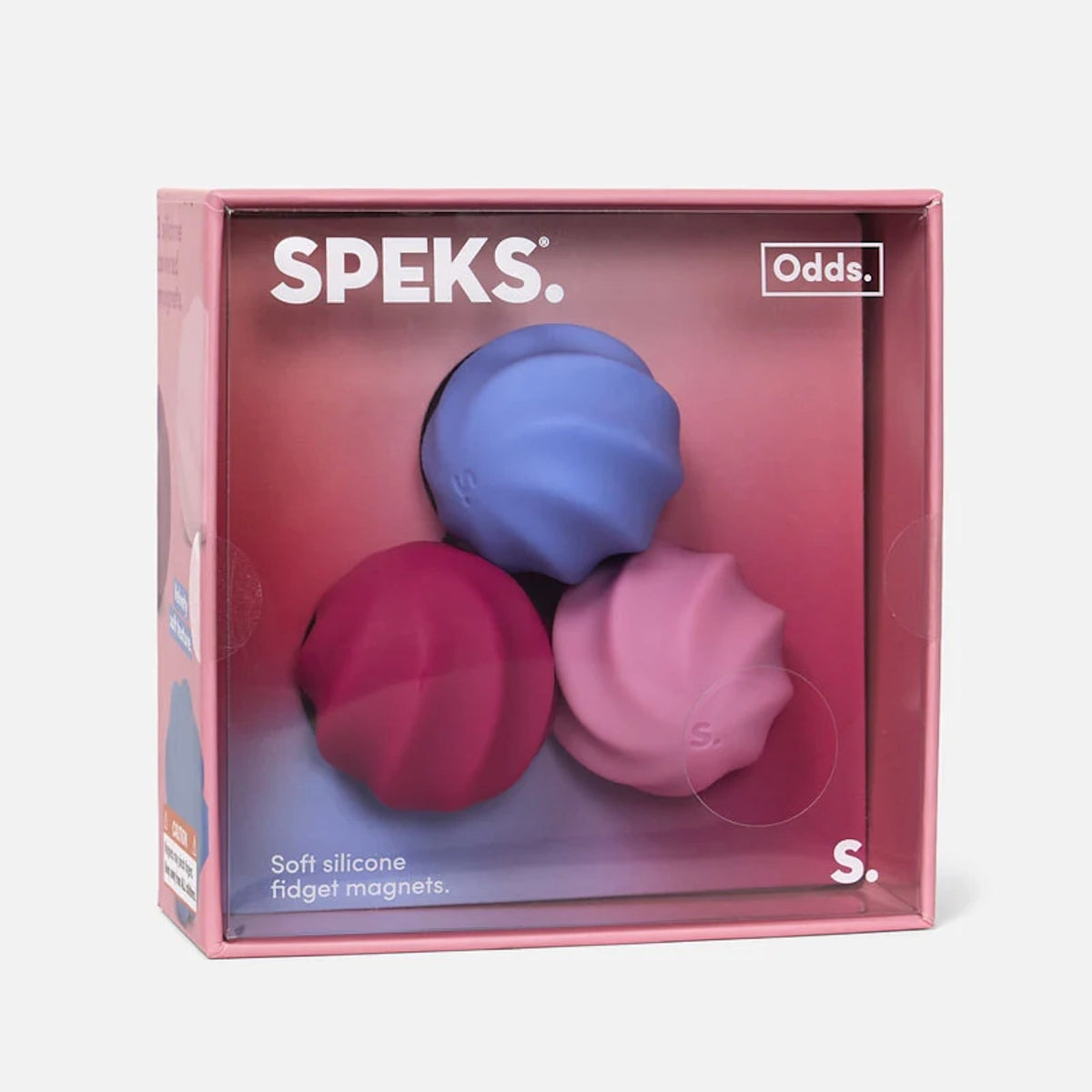 Speks Odds box containing three swirled silicone fidget magnets in blue, magenta, and light pink.