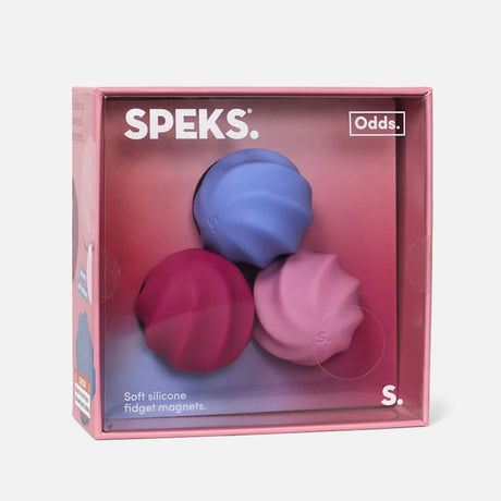 Speks Odds box containing three swirled silicone fidget magnets in blue, magenta, and light pink.
