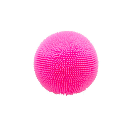 A bright pink, spiky rubber sensory ball on a plain white background.