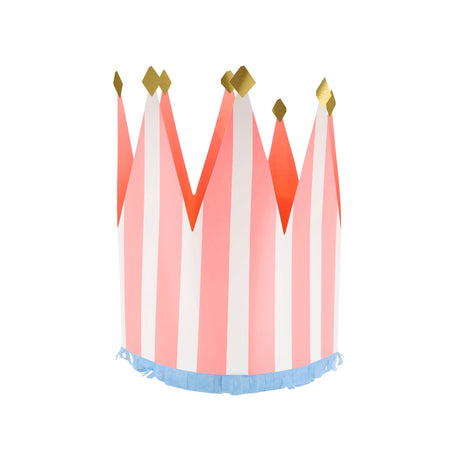 Pink and white striped paper party crown with gold glitter tips and a blue fringed base on a white background.