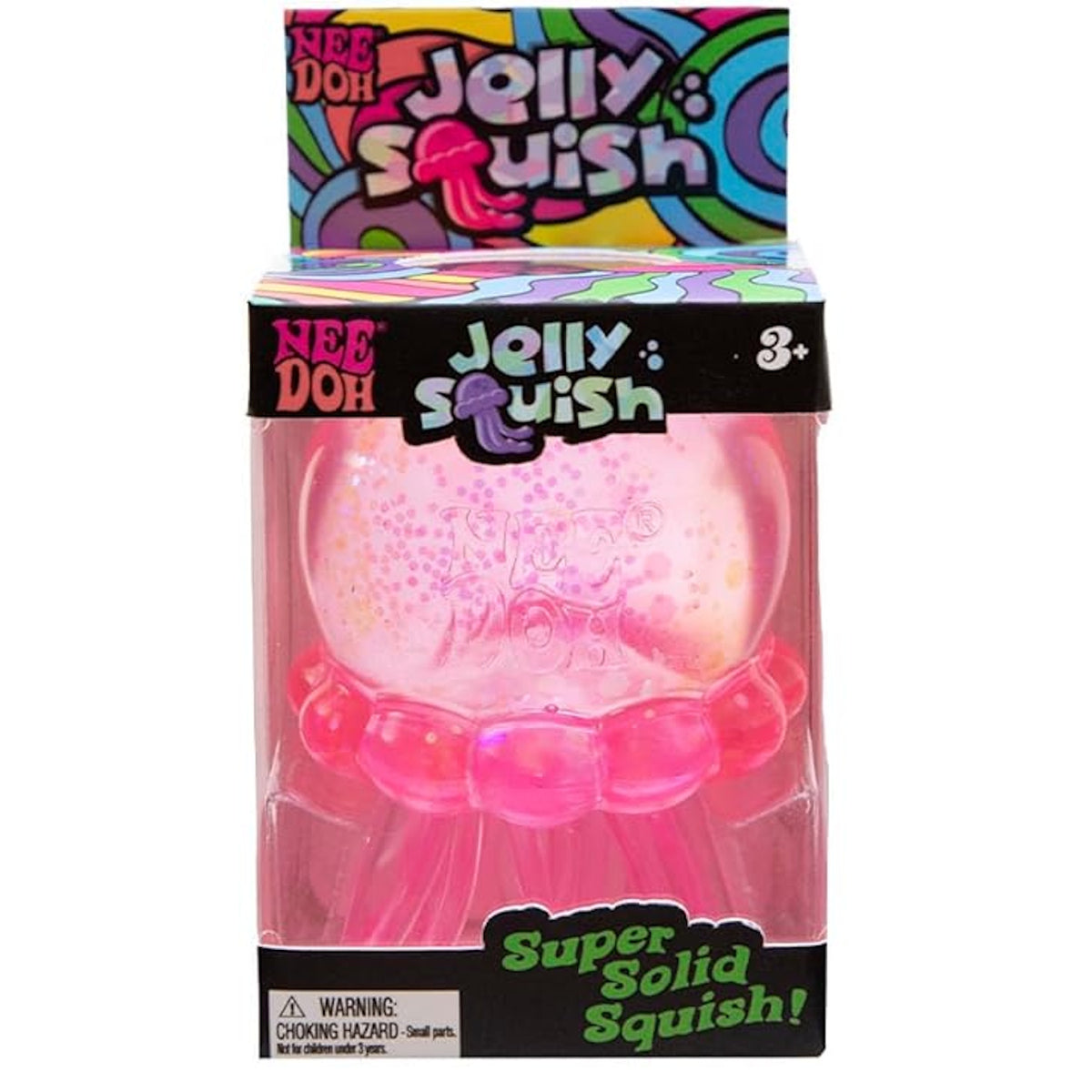 Pink NeeDoh Jelly Squish jellyfish toy with glitter in a clear box.