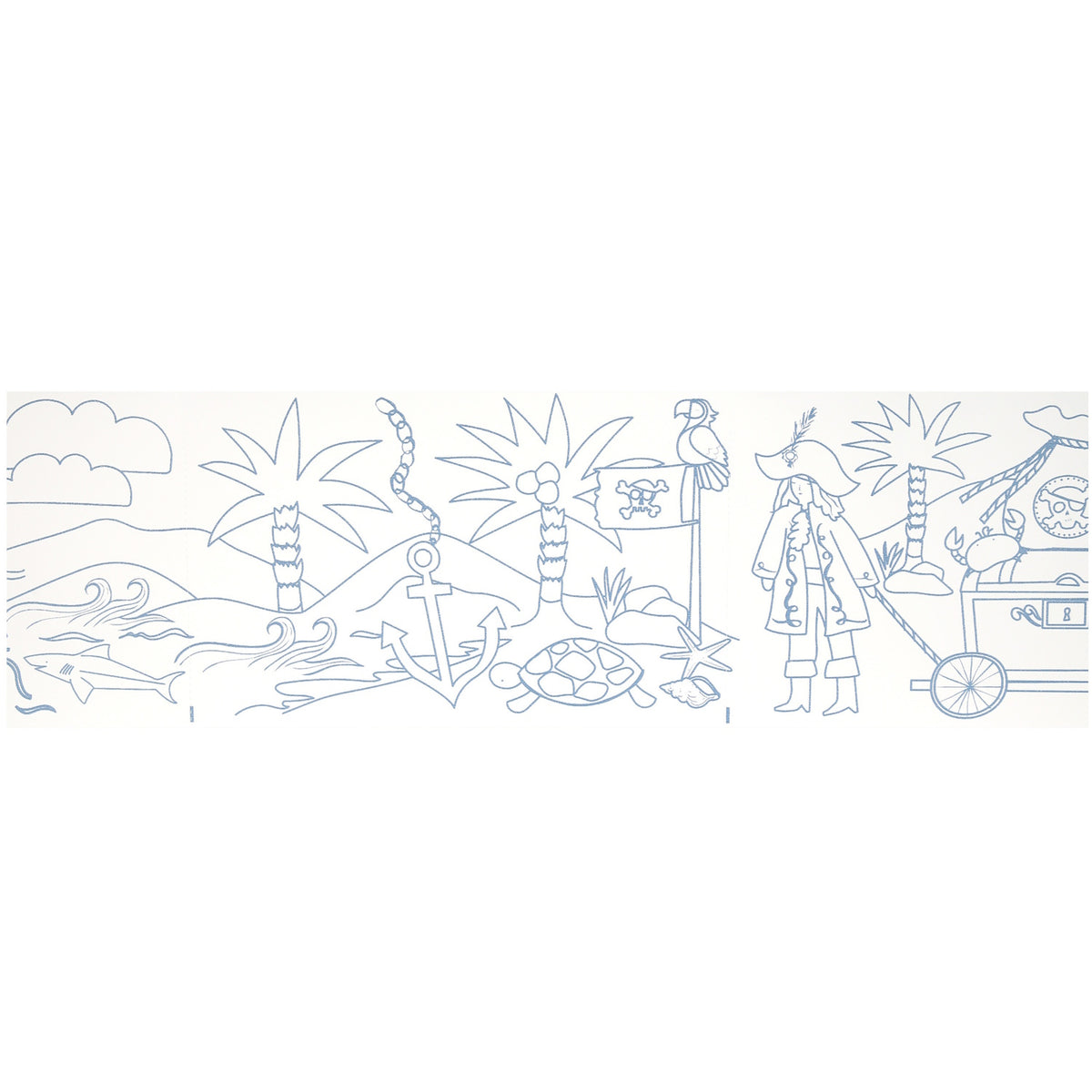 Unrolled pirate coloring roll featuring outline drawings of a pirate, palm trees, and an anchor.