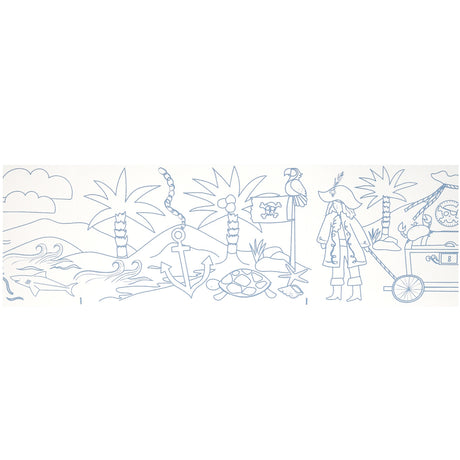 Unrolled pirate coloring roll featuring outline drawings of a pirate, palm trees, and an anchor.