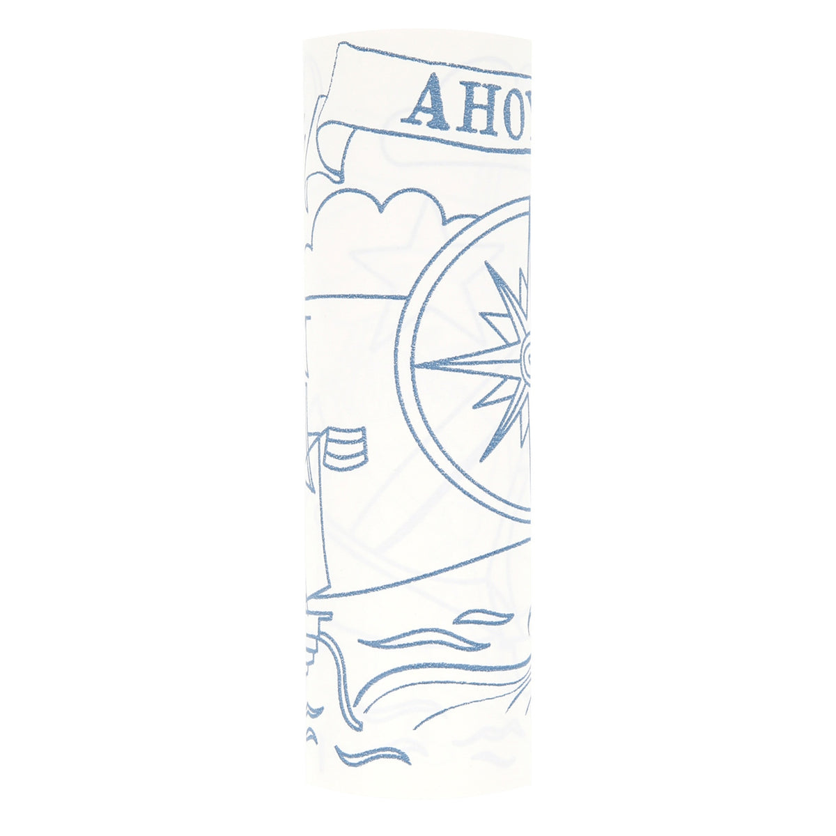 Portion of a pirate coloring roll featuring a ship's wheel and a banner reading "AHOY".