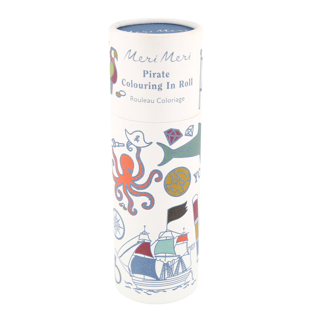 Featuring a long paper roll with detailed pirate-themed illustrations, perfect for kids to colour and enjoy during creative play.