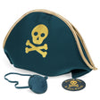Teal pirate hat and eye patch set with gold trim, gold skull print, and product tag.