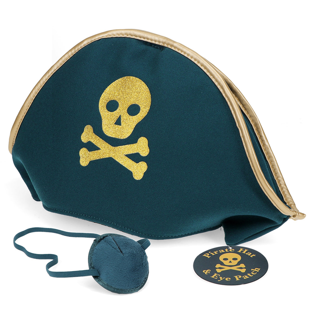 Teal pirate hat and eye patch set with gold trim, gold skull print, and product tag.
