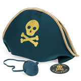 Teal pirate hat and eye patch set with gold trim, gold skull print, and product tag.