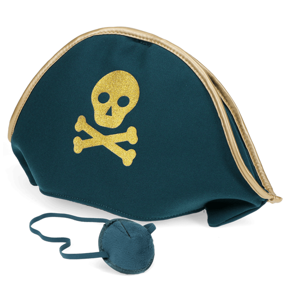Teal pirate hat with a gold glitter skull and crossbones, paired with a matching eye patch.