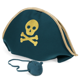 Teal pirate hat with a gold glitter skull and crossbones, paired with a matching eye patch.