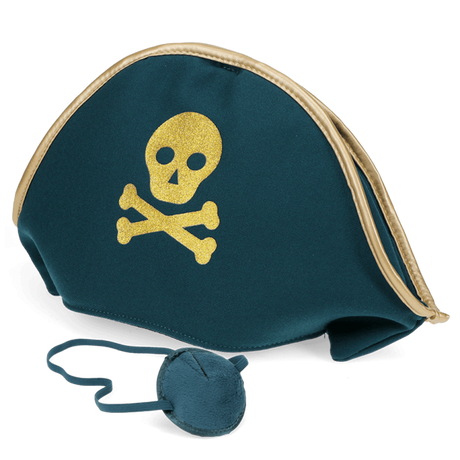 Teal pirate hat with a gold glitter skull and crossbones, paired with a matching eye patch.