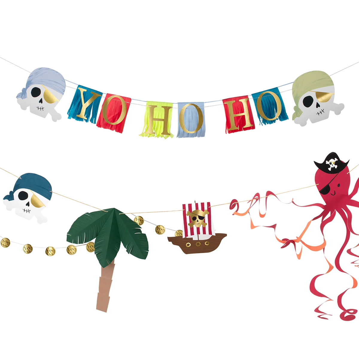 Pirate garland featuring "YO HO HO" fringed letters, skulls, a palm tree, a pirate ship, and an octopus.