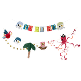 Pirate-themed party garland set featuring "YO HO HO" letters, skulls, a parrot, octopus, and ship cutouts.