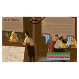 Illustration of a pirate tavern interior with characters, barrels, and "Den of Thieves" story text from a game book.