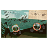 Pirate-themed book spread showing "Devil's Reef" with illustrations of a shipwreck, navigation tools, and game wheels.