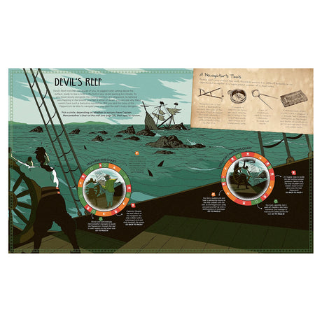 Pirate-themed book spread showing "Devil's Reef" with illustrations of a shipwreck, navigation tools, and game wheels.