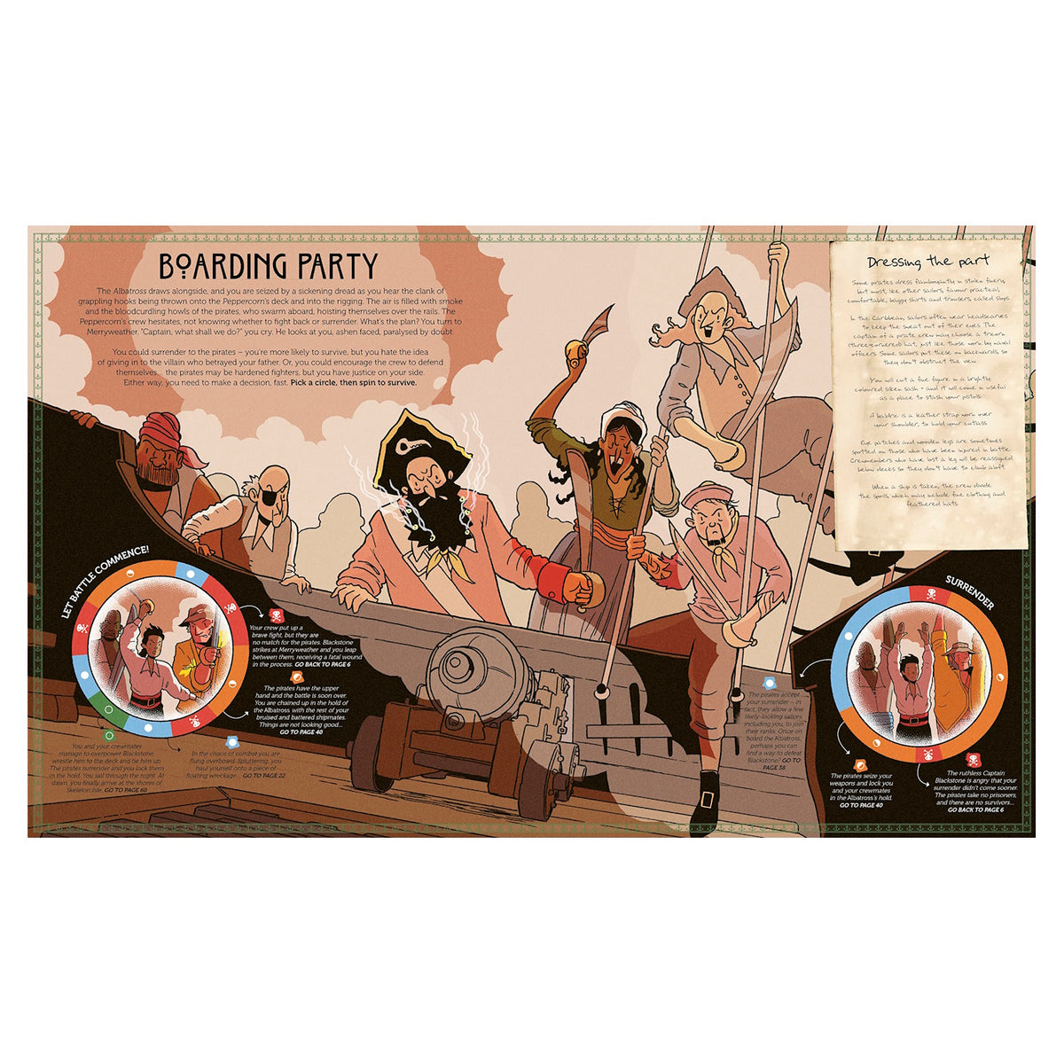 Illustration of a pirate boarding party battle from a game book, featuring cartoon pirates and interactive spin wheels.