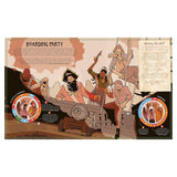 Illustration of a pirate boarding party battle from a game book, featuring cartoon pirates and interactive spin wheels.