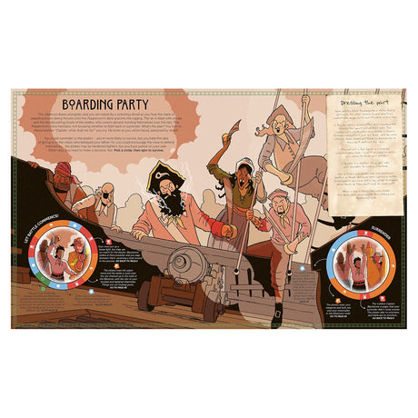 Illustration of a pirate boarding party battle from a game book, featuring cartoon pirates and interactive spin wheels.