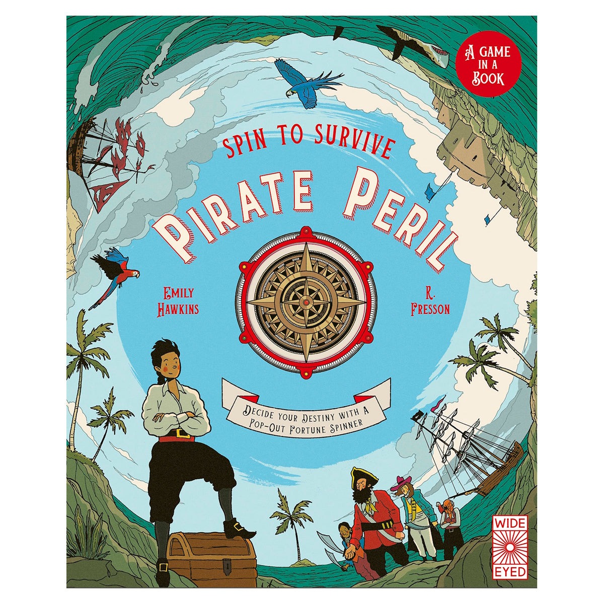 Book cover for Spin to Survive Pirate Peril by Emily Hawkins, featuring pirates, a compass, and tropical island scenes.
