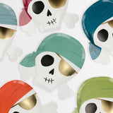 Pirate skull paper plates wearing colorful bandanas and gold eye patches.