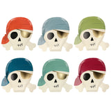 Six pirate skull paper plates wearing different colored bandanas and gold eye patches on a white background.