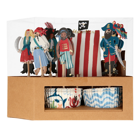 Pirate ship cupcake kit box with character toppers and patterned baking cups.