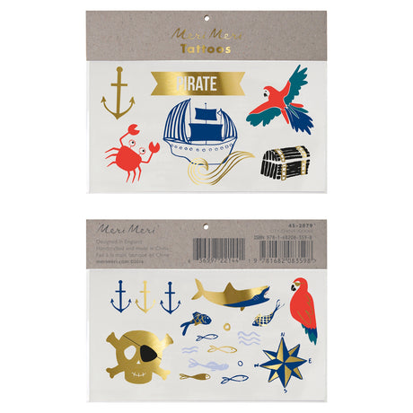 Front and back packaging of Meri Meri pirate-themed temporary tattoos with gold foil details.