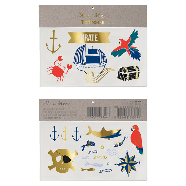 Front and back packaging of Meri Meri pirate-themed temporary tattoos with gold foil details.