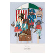 A set of pirate-themed cake toppers featuring characters, a ship sail, and a gold-filled treasure chest.